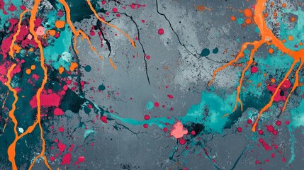 Wall Mural - Turquoise and coral splattered paint on a gray background generative ai