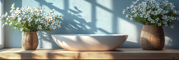 Wall Mural - Two bouquets of white flowers in woven baskets on a wooden counter with a white bowl.