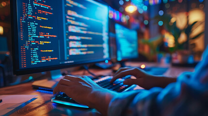 A programmer is typing code on a keyboard with a computer screen filled with code in the background.