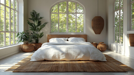 Sticker - A minimal bedroom with a large window and a natural woven rug.