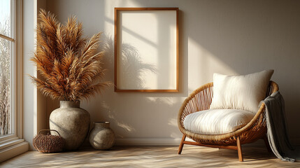 Canvas Print - A cozy living room with a wicker chair and pampas grass.