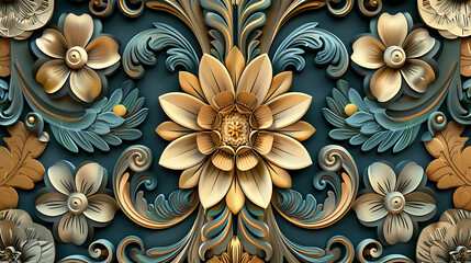 Wall Mural - A 3D rendering of a detailed and intricate floral design with gold and teal tones.