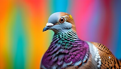 Vibrant close-up of a Wood pigeon showcasing stunning colors in the backdrop