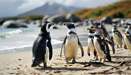 Wall Mural - Magellanic penguins waddling along a sandy beach shoreline