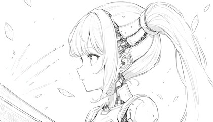 Poster - A sketch, futuristic humanoid robot, primarily white and metallic in color, with a highly detailed and exposed mechanical structure.