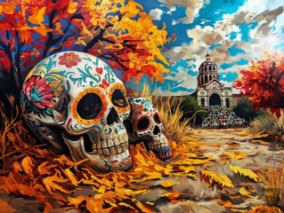 Wall Mural - A painting of two skulls with flowers on them and a church in the background. The mood of the painting is eerie and mysterious