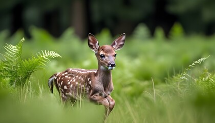 Graceful fallow deer sprinting through a lush grass and fern field