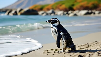 Wall Mural - Magellanic penguins waddling along a sandy beach shoreline