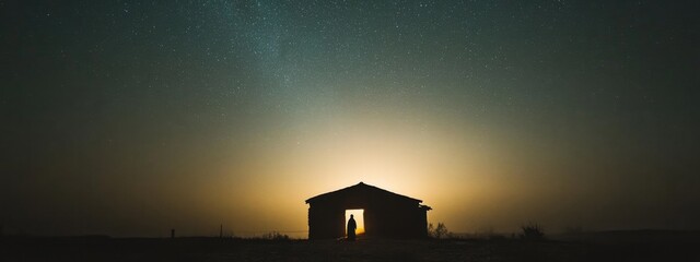 Wall Mural - Merry Christmas and Happy New Year. Silhouette of a stable in the desert at night, nativity. 