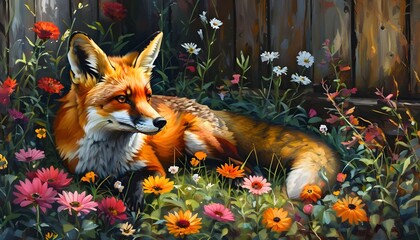 Red Fox Relaxing Among Colorful Backyard Flowers