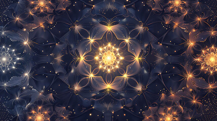 Wall Mural - Abstract fractal pattern with glowing gold flowers and a starry background.