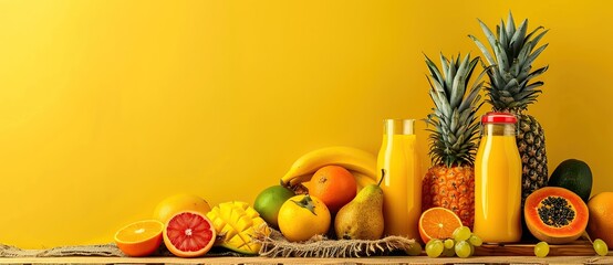 Poster - Tropical fruits and colorful juices on a yellow background with copy space for text.