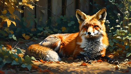 Wall Mural - Red Fox Relaxing in a Lush Backyard Garden