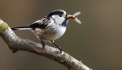 Wall Mural - Long-tailed Tit foraging with a beak full of insects