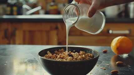 close-up of milk poured over granola in a bowl, with nuts and granola.