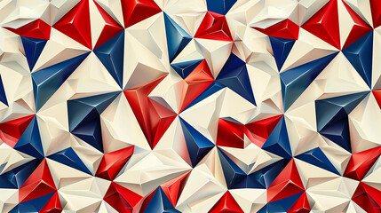 A geometric pattern of red, blue, and white triangles that appear to be three dimensional.