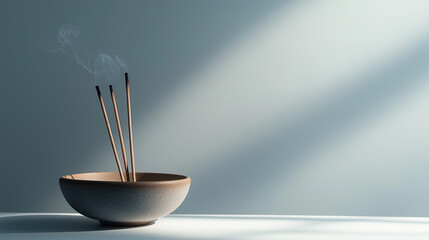 incense with incense sticks and resin against an isolated soft light gray background