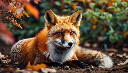 Wall Mural - Red Fox Relaxing in a Lush Backyard Garden