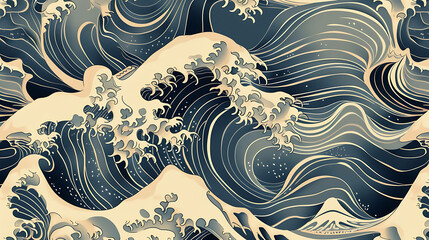 Wall Mural - An abstract illustration of waves in blue and beige colors, reminiscent of Japanese art.