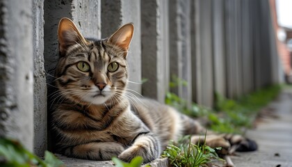 Wall Mural - Serene feline portrait resting against a concrete fence