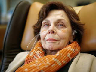 Sticker - A woman wearing an orange scarf is sitting in a chair. She has a pair of earphones on and is wearing a headset