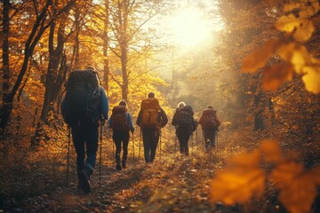 Wall Mural - group of hikers trekking through a sunlit autumn forest, appreciating nature's vibrant colors on a c