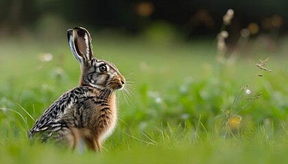 Wall Mural - Meadow Scene with a Curious Wild Rabbit