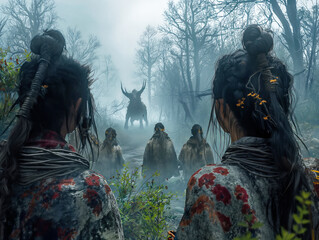 A group of people are walking through a forest, with one of them being a giant monster. Scene is dark and ominous, as the people seem to be in danger