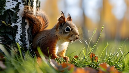 Curious red squirrel exploring green grass near a birch log