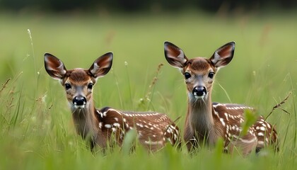 Wall Mural - Playful Fallow Deer Grazing in a Lush Meadow