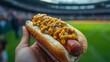 © otwdesign - A Close-Up of a Hot Dog with Mustard and Relish at a Baseball Game