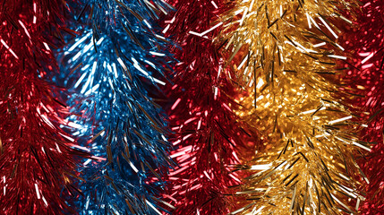 Wall Mural - shimmering tinsel garland texture with a blend of metallic gold, ruby red and sapphire blue strands