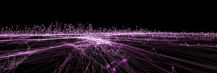 Fototapete - A captivating arrangement of purple particles interconnects through glowing lines, creating an ethereal cosmic pattern against a deep black background, inviting exploration and imagination.