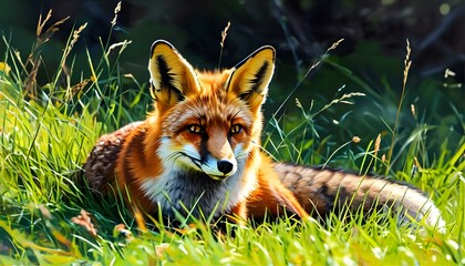 Wall Mural - Summers serenity with a red fox resting on vibrant green grass