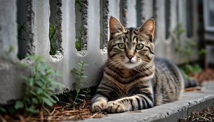 Wall Mural - Serene feline portrait resting against a concrete fence