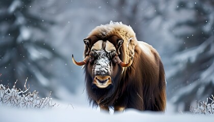 Wall Mural - Musk Oxen Roaming Through Snowy Winter Landscape