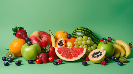 A variety of fresh fruit arranged in a still life on a green background.