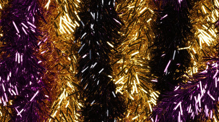 Wall Mural - shimmering tinsel garland texture with a blend of metallic deep purple, gold and black strands