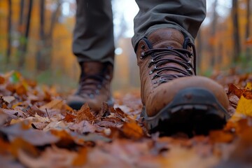 Wall Mural - Exploring a forest path in autumn with hiking boots on fallen leaves