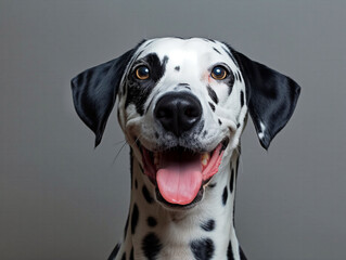 Wall Mural - A black and white dog with a white spot on its face is smiling. The dog has a tongue sticking out and its eyes are wide open