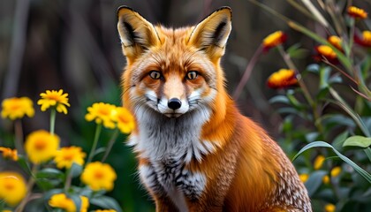 Wall Mural - Red fox resting gracefully amidst vibrant yellow blossoms in a serene garden setting