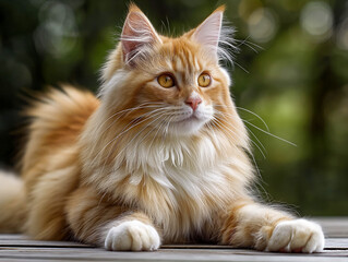 Wall Mural - A long haired orange and white cat is laying on a wooden surface. The cat has a very fluffy appearance and is looking at the camera