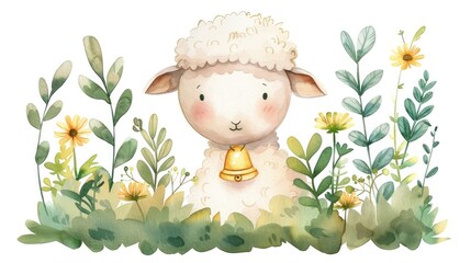 Adorable fluffy white lamb standing in a lush green meadow surrounded by blooming yellow flowers  The cheerful smiling sheep with a small bell on its neck is set against a serene