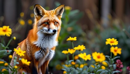 Wall Mural - Red fox resting gracefully amidst vibrant yellow blossoms in a serene garden setting