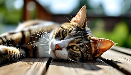 Wall Mural - Relaxed feline lounging on wooden patio boards in sunlight