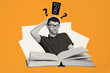 © deagreez - Trend artwork sketch image 3D photo collage of silhouette person young man confused fool dont know ask question think huge book open page