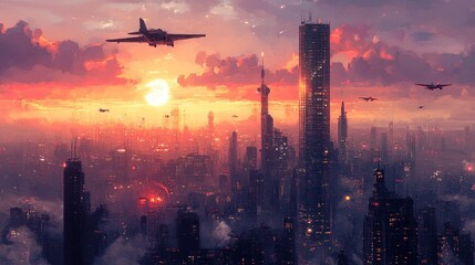 Sprawling cityscape at sunrise with glass skyscrapers reflecting soft pink and orange light, vintage aircraft flying over, Steampunk, Sepia tones, Watercolor