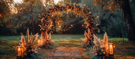 Enchanting autumn themed arch adorned with a lush floral wreath pampas grass and warm lighting creates a romantic and inviting atmosphere for an outdoor wedding ceremony or celebratory event