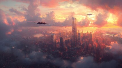 Sprawling cityscape at sunrise with glass skyscrapers reflecting soft pink and orange light, vintage aircraft flying over, Steampunk, Sepia tones, Watercolor