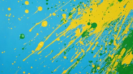 Wall Mural - Yellow and green paint splashes on a sky blue background generative ai